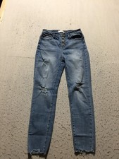 Kancan Jeans Womens 7/27 Blue Light Wash Destroyed Cut Ankle Pockets Button Up