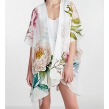 Woman's Peony Kimono Cover-Up Watercolor Floral Lightweight Drape Wrap with Tie