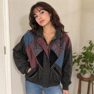 Karizma East LTD Vintage 80s Wool Blend Bomber Crushed Velvet Patchwork Jacket S