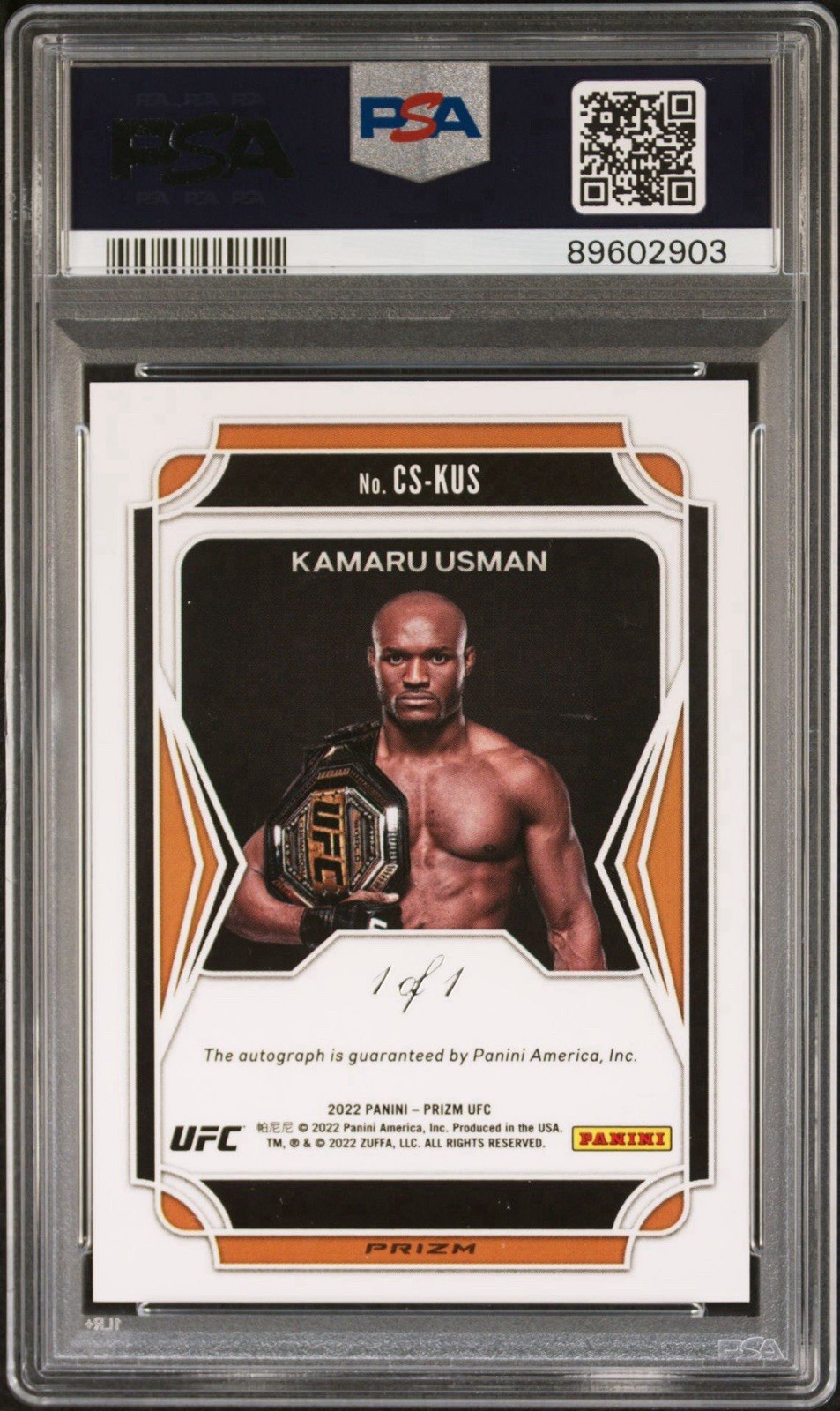 2022 Panini Prizm UFC Kamaru Usman Champion Signature Auto Black Prizm 1/1 PSA 8 view 2