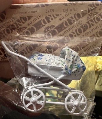 Vintage White Metal Concord Mini Baby Stroller Dollhouse ~ 2  Tall Blue Floral