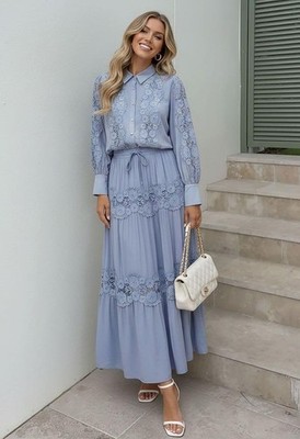 NWT SET ACTIVE Floral Cutwork Lace Panel Buttoned Shirt and Maxi Skirt Set in Bl