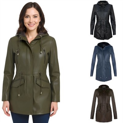 Infinity Leather Damen Parka Lederjacke Kapuzenmantel Multi-Tasche Long Zip
