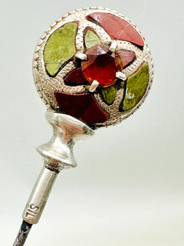 Antique Hatpin Silver Binds Blue John Agate Bloodstone Amber Center Collectible