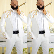 White Wedding Men's Suit Gold Embroidery Peak Lapel Groommen Bridal Jacket 2Pcs