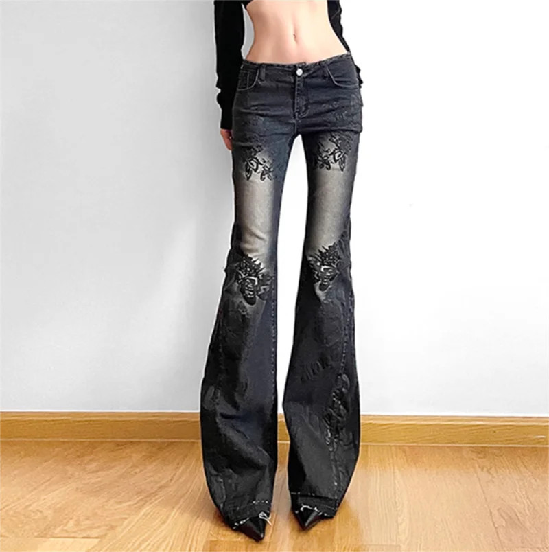 Women Gothic Y2k Flare Jeans Harajuku Baggy Denim Trousers 90s