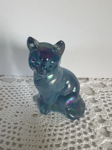 Vintage Fenton Carnival Glass Cobalt Iridescent Sitting Kitten Cat  Figurine