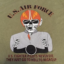 Vintage 80s US Air Force Fighter Pilot Skeleton Go To Hell To Regroup T Shirt