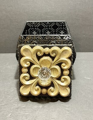 Matte Black Filigree Trinket ~ Vanity Box W/ Gold Accents 6.5  X 5.25 