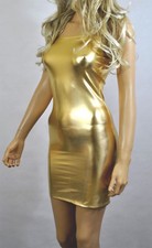 Metallic Mini Dress Gold Wet Look Strapless Stretch Boob Tube Bodycon Shiny D106