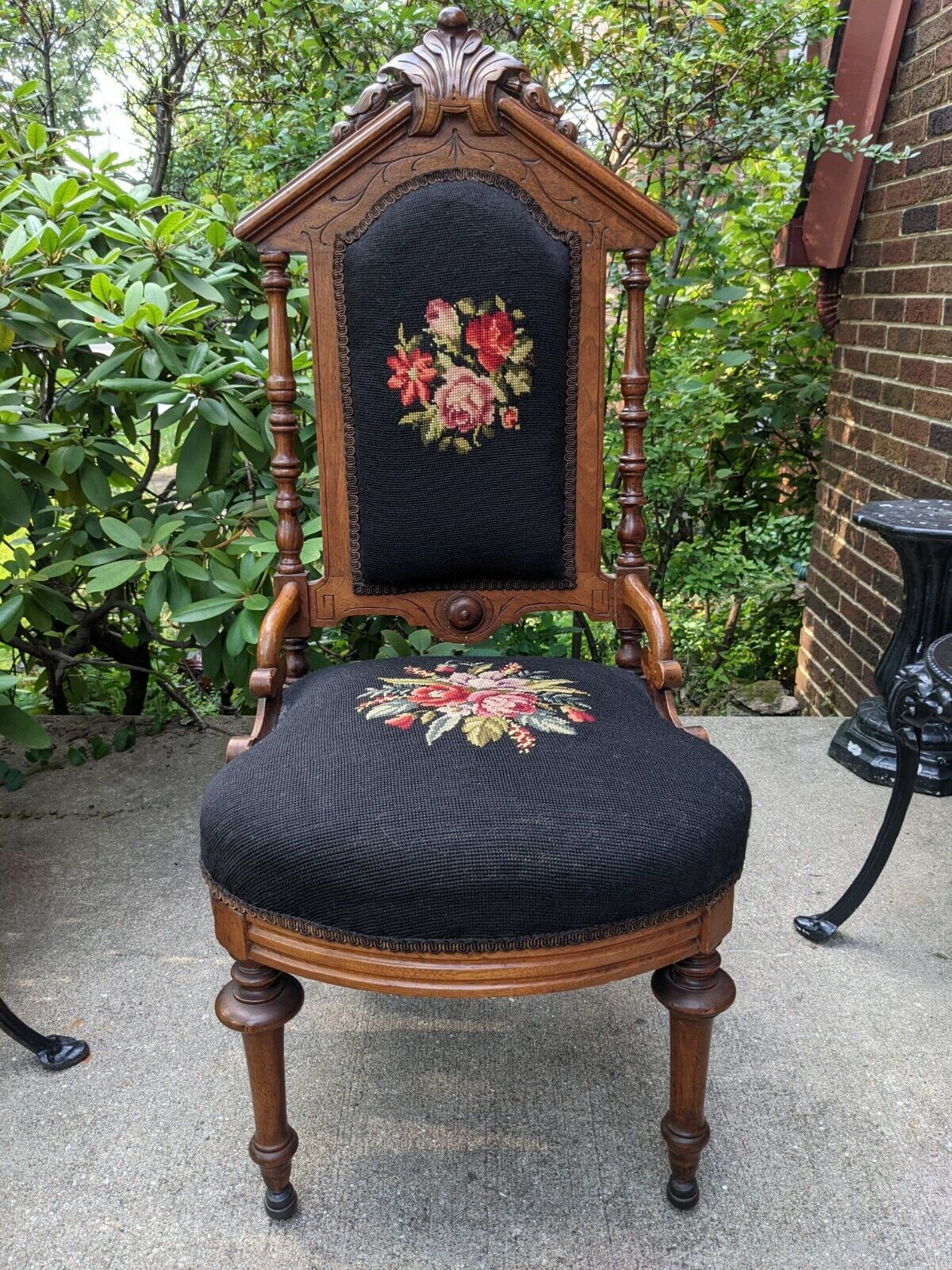 19th Century Antique Needlepoint Chair Victorian Black with Roses  