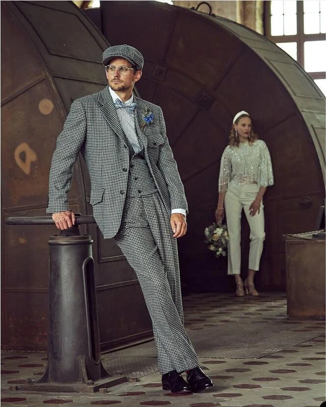 Trajes de pata de gallo para hombre 3 piezas chaqueta de negocios con solapa de pico esmoquin informal Foto 2 de 4