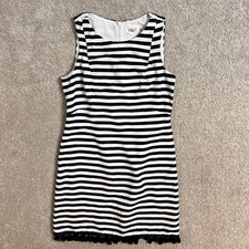 Eliza J Navy Blue White Striped Fringe Sleeveless Sheath Dress Sz 6 Linen Blend