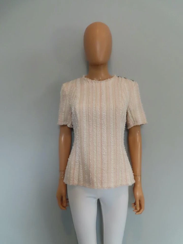 BALMAIN Pink Tweed Short Sleeve Top Size F 42/US 10 - Image 2 of 4