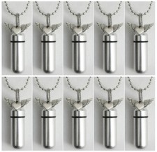 Set of 10 Silver Winged Heart CREMATION URNS w/Velvet Pouches, Chains, Fill Kit
