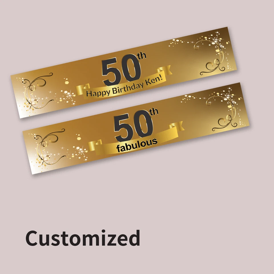 Suministros personalizados de pancarta de tela dorada para fiesta de feliz cumpleaños 50 aniversario Foto 2 de 4