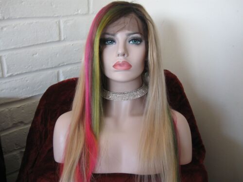 100% Human Hair Wig Lace Front 13*4 Candy Creme Blonde w Colors 33" Silky Wavy