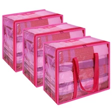 Pink 40L Clear Clothes Storage Bag with Zipper 3 Pack Colorful Clothes Organi...