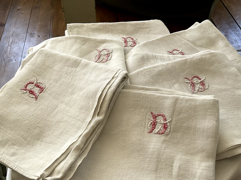 Vintage Serviettes, Letters DB Cotton Damask Napkins, French Table Linen 6pc - Image 2 of 4