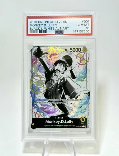 ONE PIECE MONKEY D. LUFFY 2026 STARTER DECK ST29 #001 BLACK WHITE ALT ART PSA 10