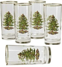 Spode Christmas Tree Double Old Fashioneds Drinking Glasses Gold Trim Set of 5