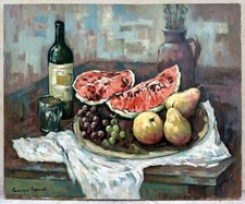 LEROUX Georges Tableau Ancien Nature Morte Fruits Pastèques Vin Rouge Peinture