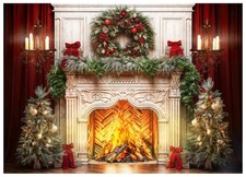 Christmas Fireplace Photography Backdrop for Holiday Family Photos 7x5ft