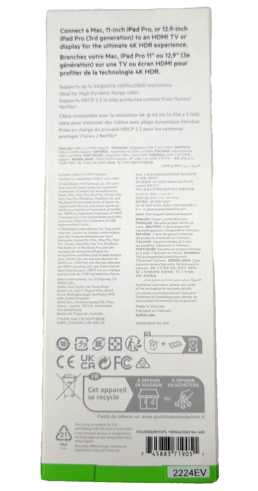 Genuine Belkin USB-C To HDMI Adapter 4K 60Hz Macbook iPad Tablet Dolby Vision - Image 2 of 3