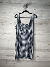 Old Navy Dress Womens Large Blue White Gingham Square Neck Linen Blend Smocked