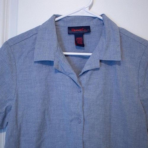Chambray Button Up Short Sleeve Shirt Lightweight Blue Collared 90s M Denim Co - Picture 3 of 5