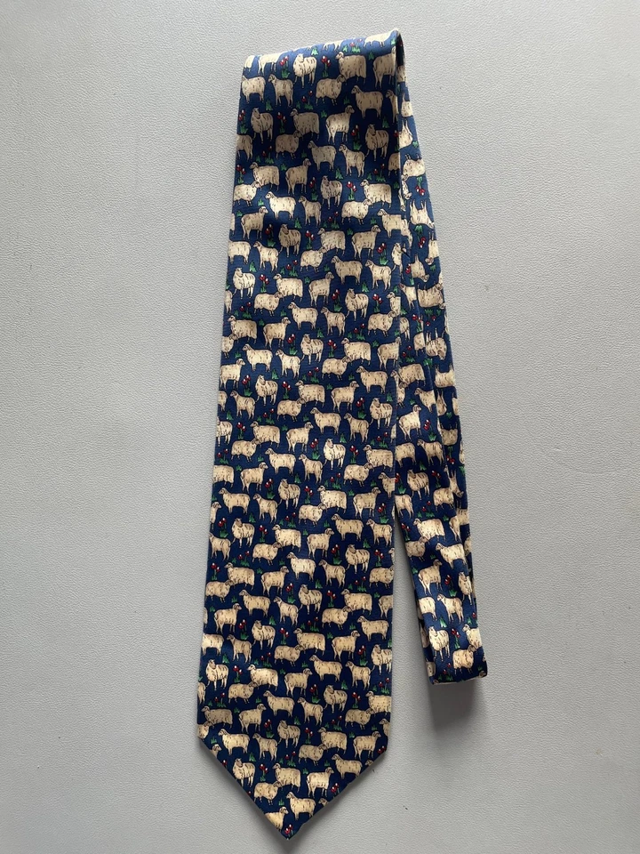I Santi Navy Blue and Cream Sheep Print Silk Tie, PreOwned - Image 3 of 4