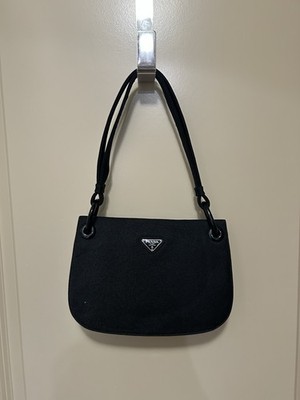 Stunning Small PRADA Shoulder Bag, Black Fabric W/ Gold Logo, Flap w/ Snap, READ