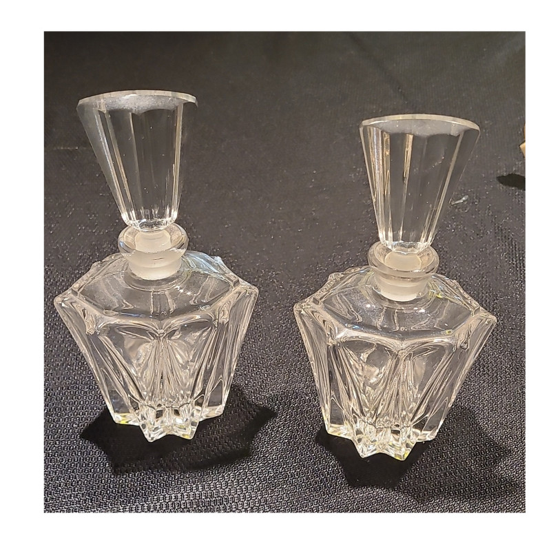 Pair of Clear Decorative Glass Perfume Bottles with Stoppers