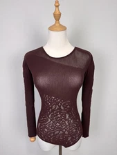 Wolford 100% Wool Slim Fit Breathable Knit Lace Long Sleeve Burgundy Bodysuit