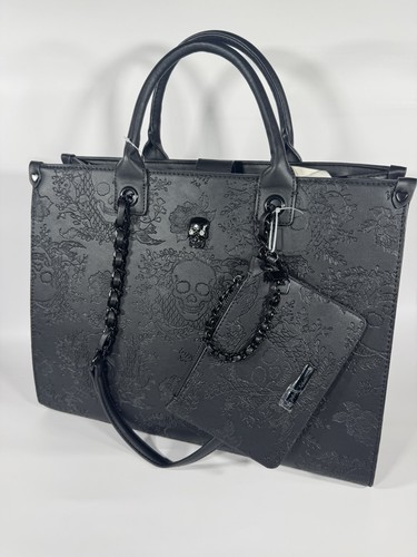 Betsey Johnson Totenkopf geprägt schwarz Beuteltasche Handtasche groß Clutch Accessoire neu