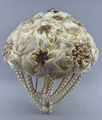 Luxury Bridal Wedding Bouquet Satin Roses Rhinestones Pearls - 11  Long 9  wide