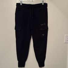 True Religion Slouchy Cargo Sweat Pants Small Snap Black Sweats BG43