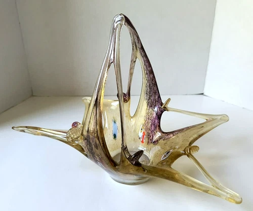 Vintage Art Glass Murano Style Basket Candy Dish Multicolor Glasswork 12" Length