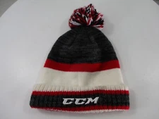 CCM Hat Beanie Red Gray White Youth Pom Knit Cap Hockey Striped Winter Cuff Boys