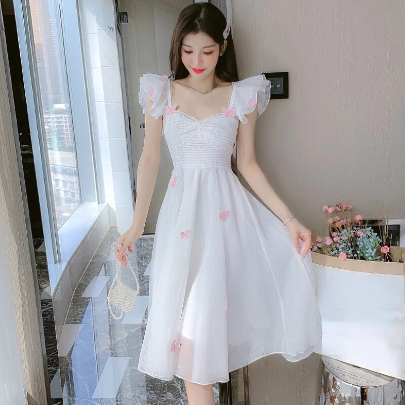 Women Casual Mesh Dress Butterfly Embroidery Ruffle Shiny Fairy Princess