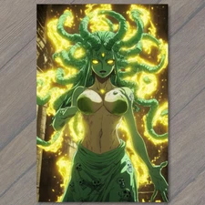 Art Print Glowing Green Girl Yellow Flames Fiery Power Mythical Medusa Snakes