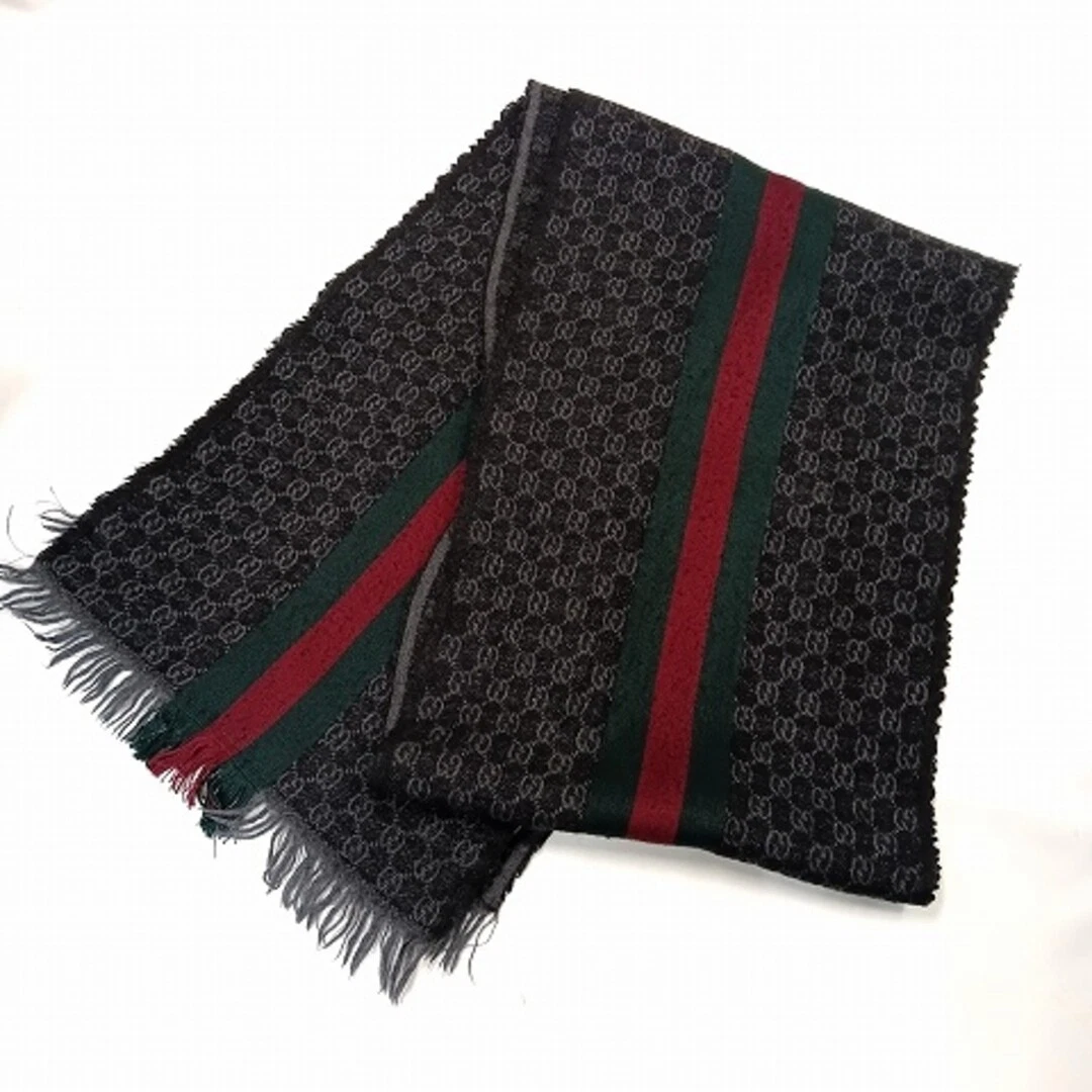 Gucci écharpe à franges logo ligne sherry mélange soie noir AA occasion 1904d608d4cef722622