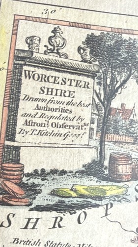 Antique 1700s Original Hand Coloured Map of Worcestershire Thomas Kitchins - Picture 7 of 8