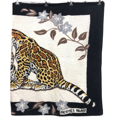 HERMES Paris Cotton Beach Towel Bath Mat Towel Leopards black