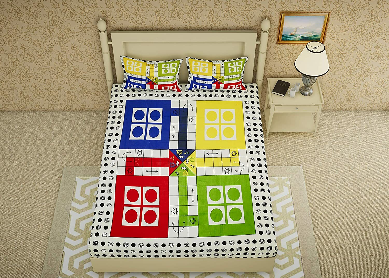 Ludo Game Print 144 TC Cotton Double Size Bedsheet with 2 Pillow covers