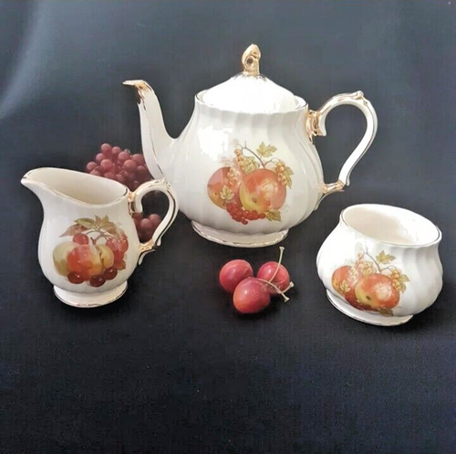 Sadler Tea Set, Tea Pot Cream Sugar Set, Fruit Pattern, Swirled, England, 1950s - Picture 2 of 10