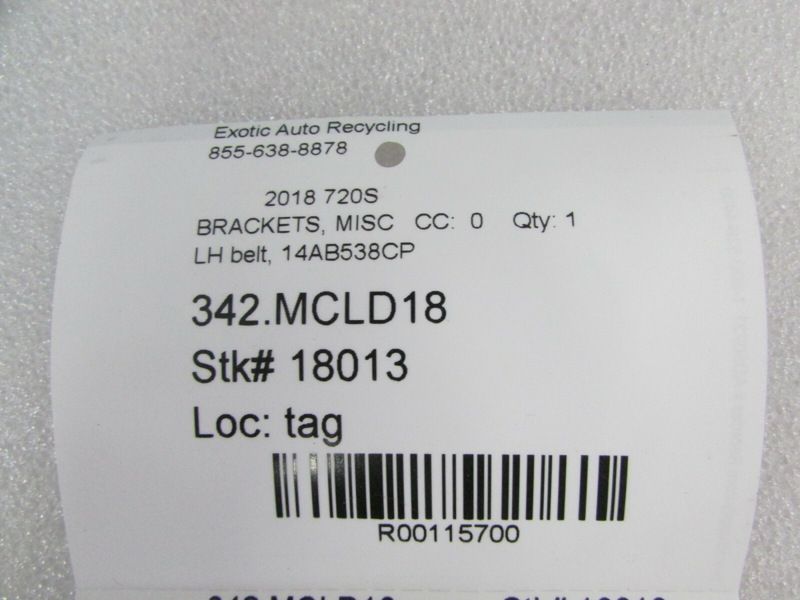 McLaren 720S, LH, Left Seat Belt Bracket, Used, P/N 14AB538CP