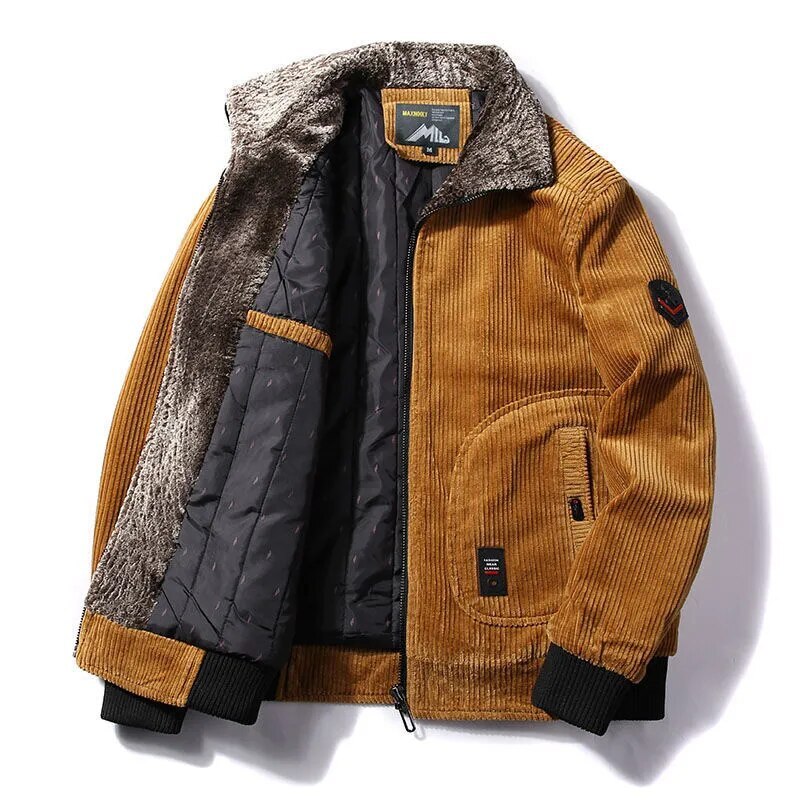 Men's Warm Corduroy Jacket with Fur Collar Winter Casual Coat