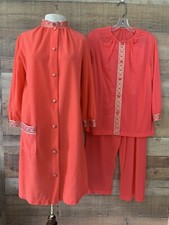 Vintage 60  s 70  s Coral Embellished Nylon 3 Piece Pajama Robe Set Sz 34 Small