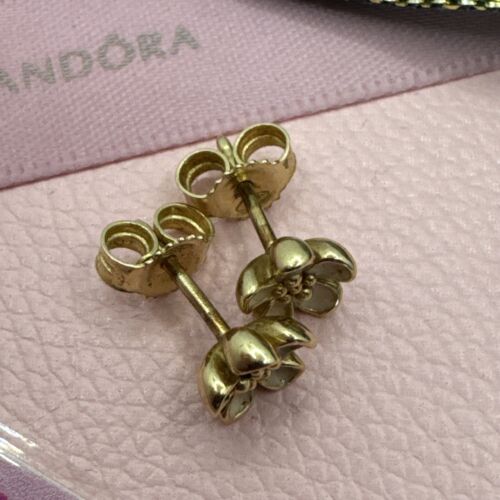 Pandora 14ct Yellow Gold Cherry Blossom Earrings Pink Enamel 250318En40 Studs - Picture 3 of 9